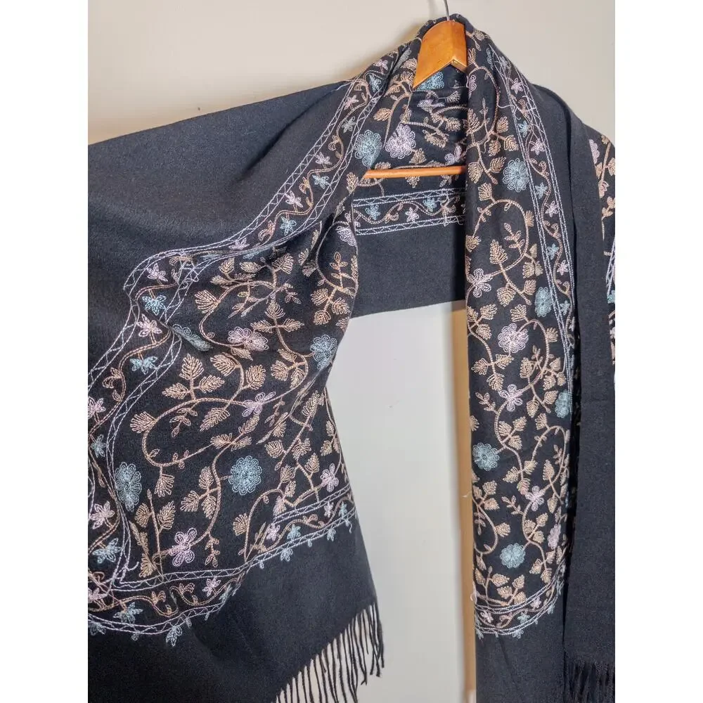 100% Cashmere Embroidered Shawl Wrap Scarf Black Floral Fringe Large